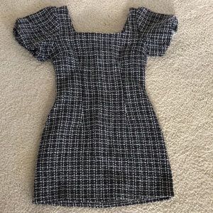 Shein black and white woven square neck puff sleeve mini dress